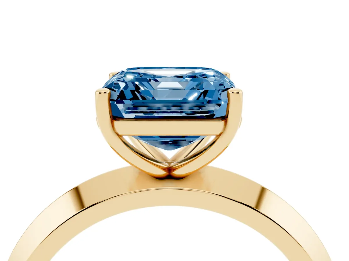 Fancy Blue Asscher Cut Cut Solitaire Engagement Ring with Flat Band and Four-Prong Setting Yellow gold