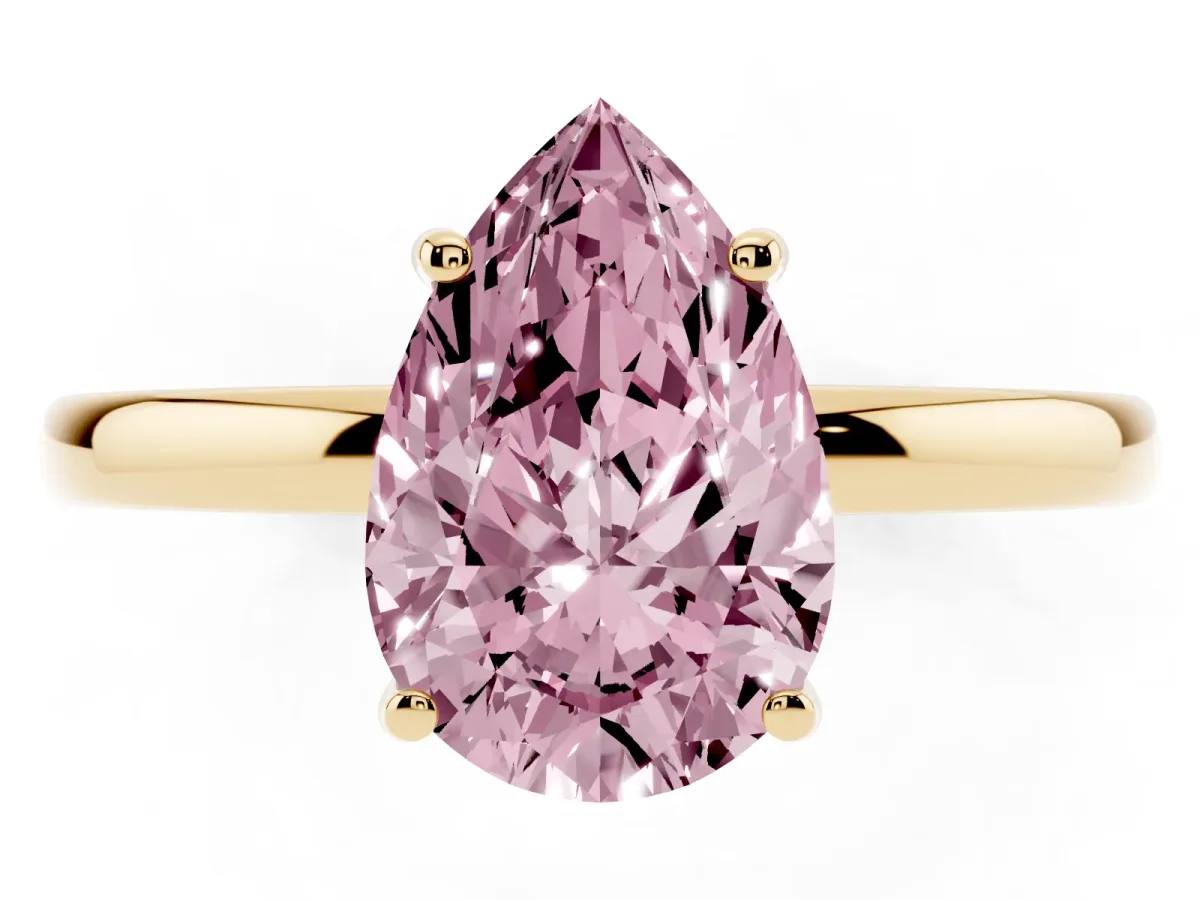 Fancy Pink Pear Cut Solitaire Diamond Ring with Prong Setting and Plain Band Yellow gold