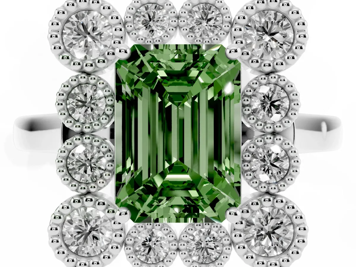 Fancy Green Emerald Cut Halo Diamond Cluster Engagement Ring with Milgrain Bezel Setting and Solitaire Band Platinum