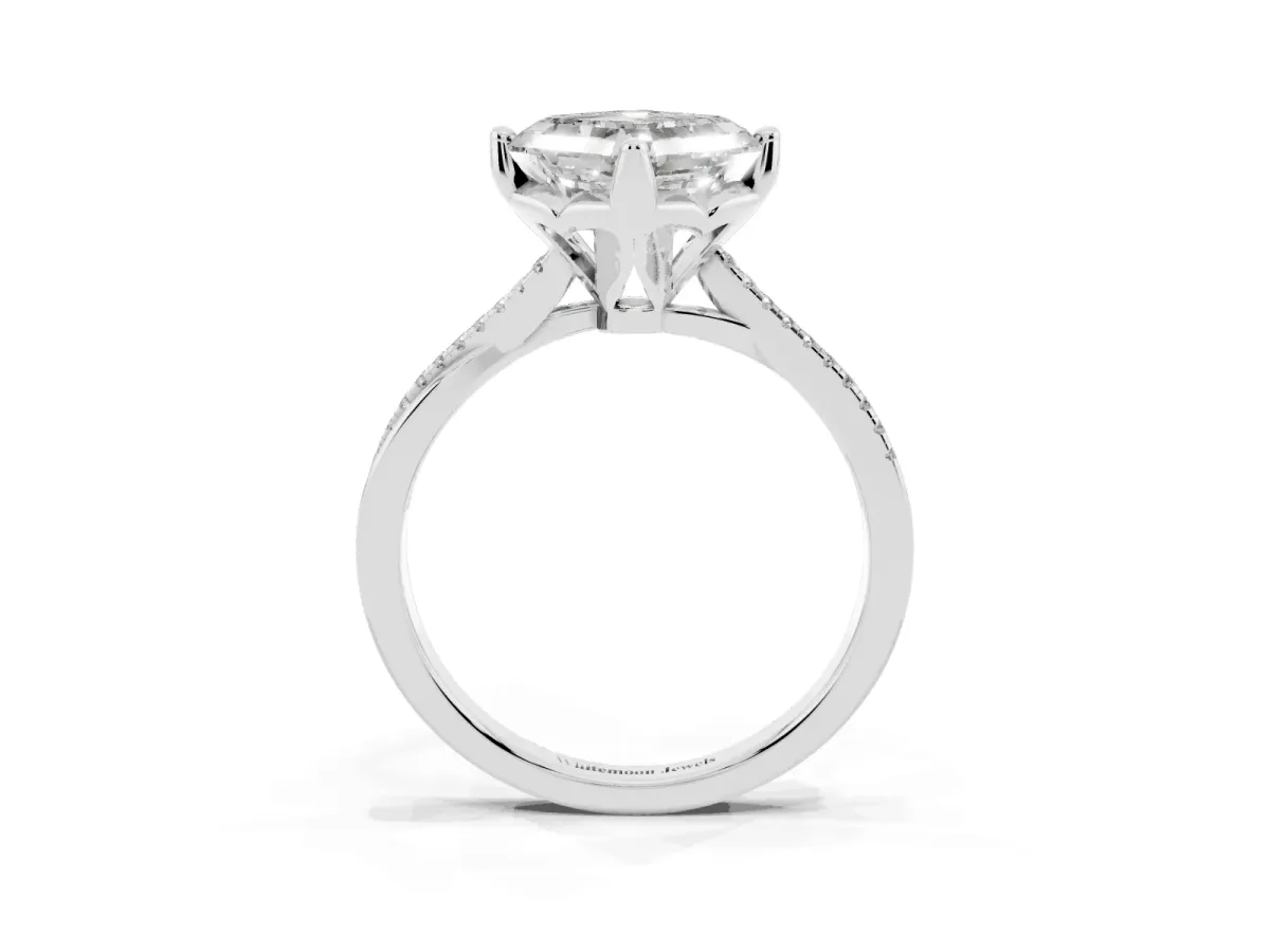 Asscher Cut Solitaire Twist Band with Pavé Diamonds and Four-Prong Setting White gold