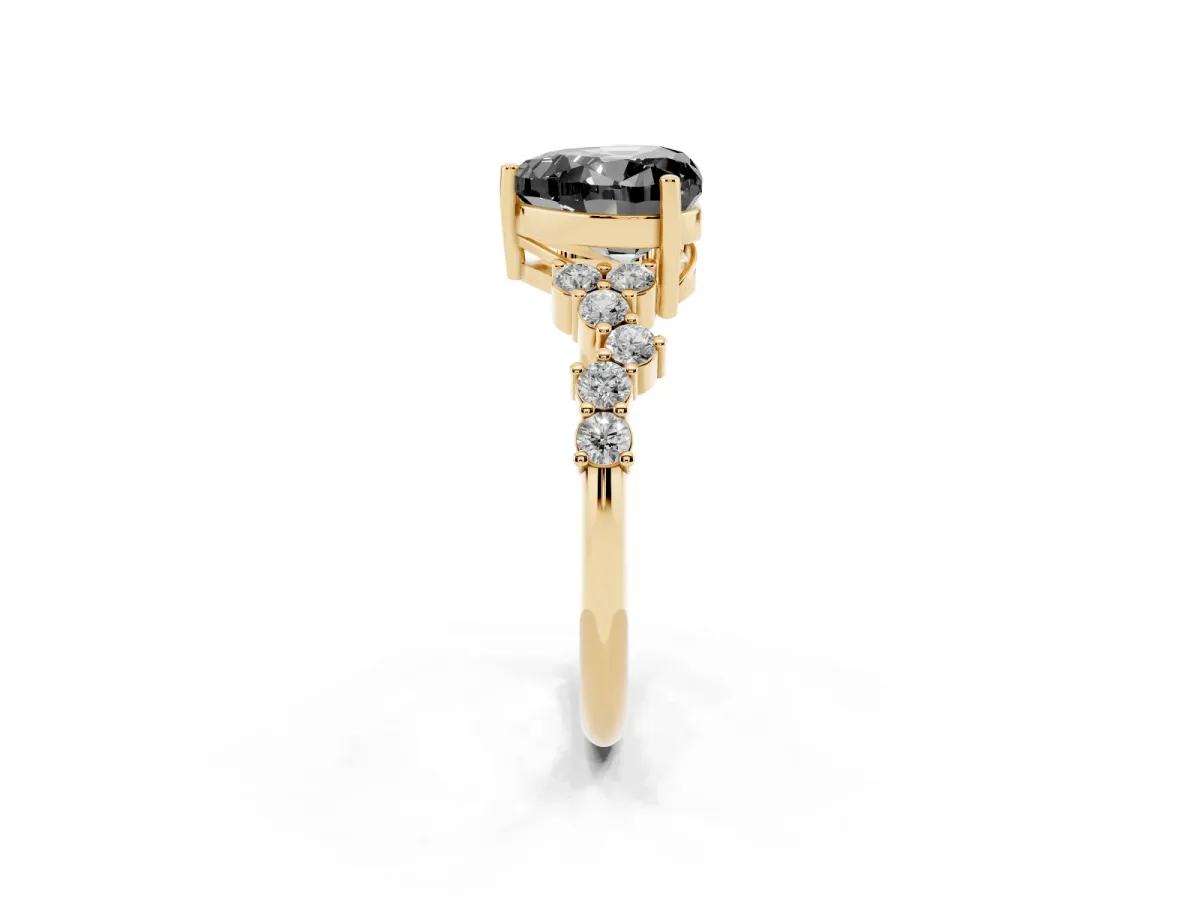 Fancy Black Heart Cut Diamond Scattered Round Accent Ring with Prong Setting Yellow gold