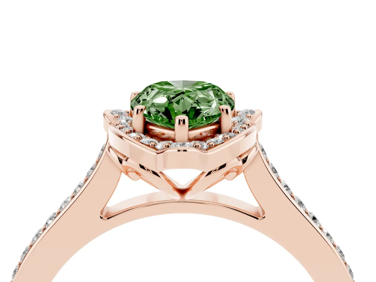 Fancy Green Pear Cut Halo Round Diamond Pave Band with Four-Prong Setting Rose gold