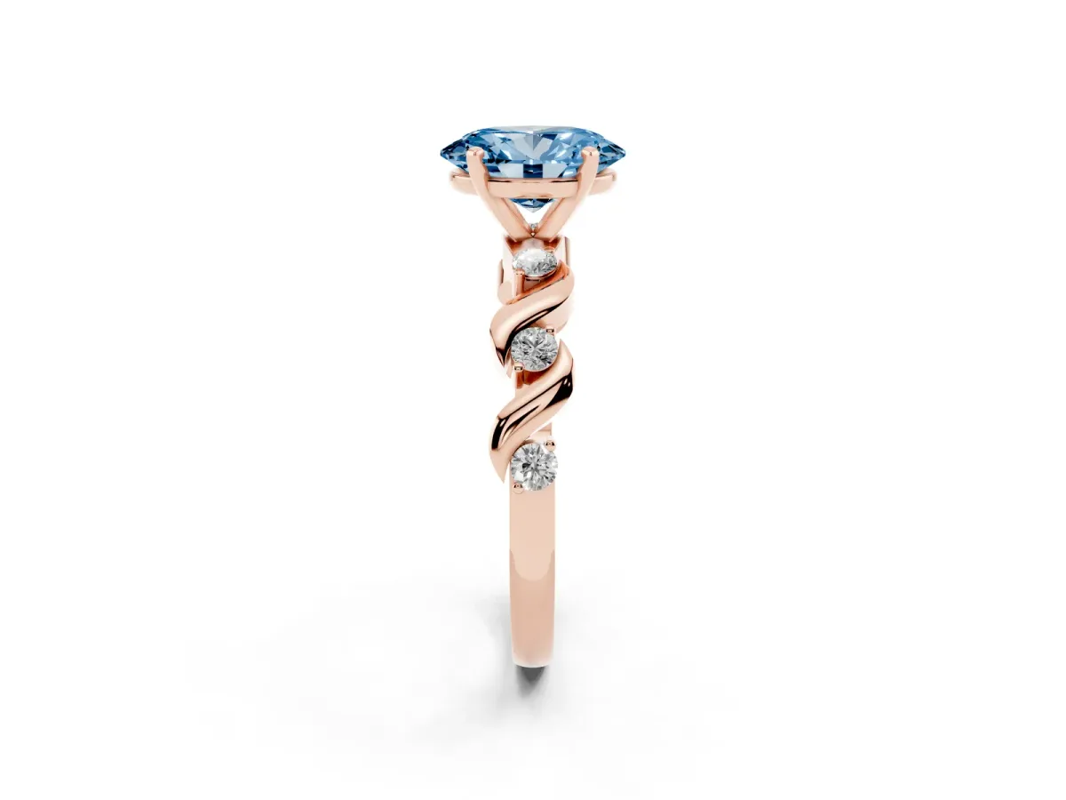 Fancy Blue Oval Cut Diamond Solitaire Twisted Band with Round Accents and Prong Setting Rose gold