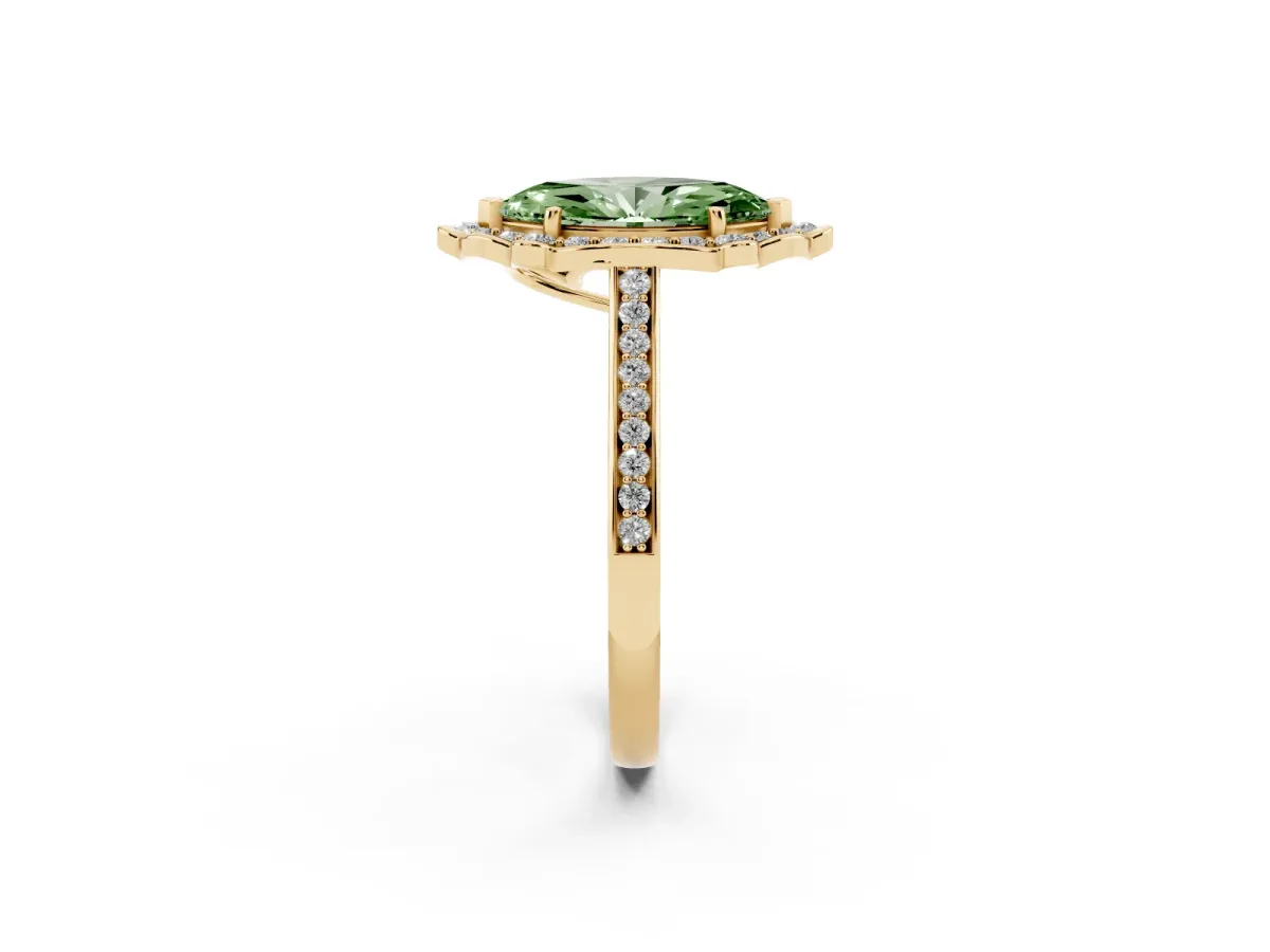 Fancy Green Marquise Cut Halo Round Diamond Pave Band with Four-Prong Setting Yellow gold