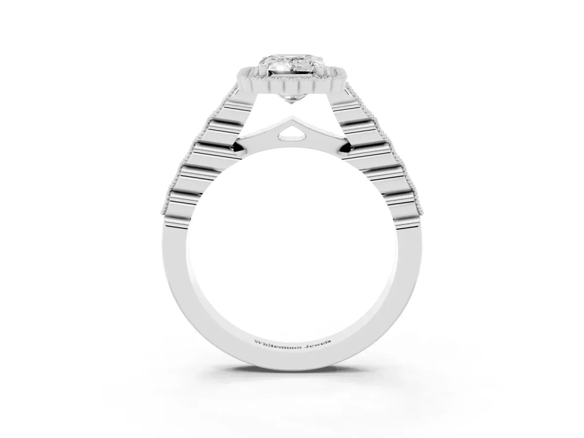 Emerald Cut Cut Halo Pavé Solitaire Ring with Milgrain Band Platinum