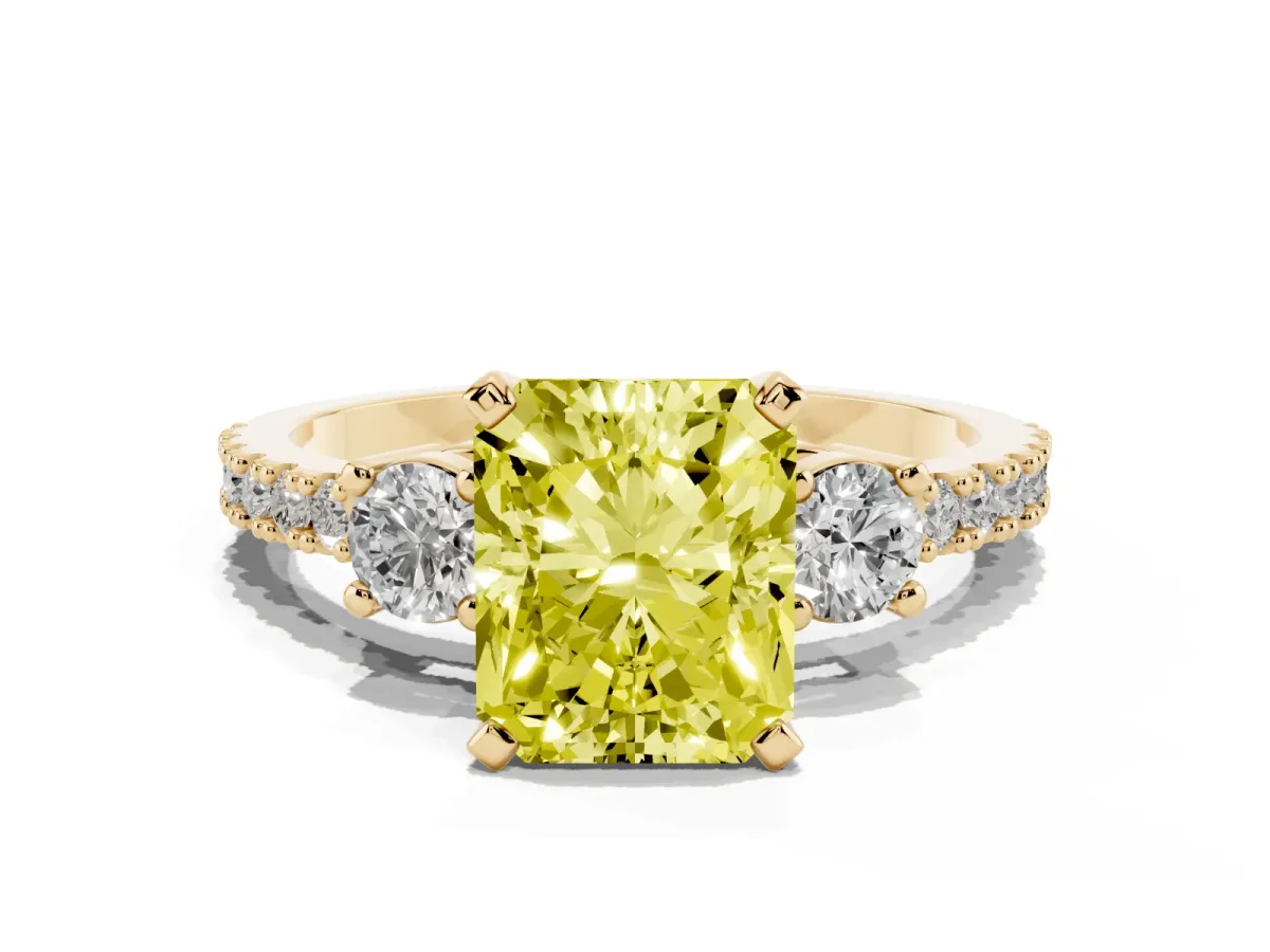 Fancy Yellow Radiant Cut Three-Stone Diamond Pavé Band with Prong Setting Yellow gold