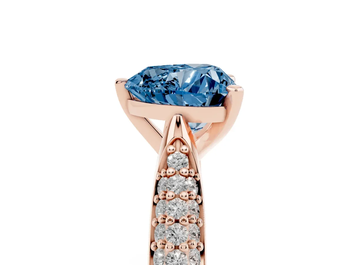 Fancy Blue Heart Cut Diamond Solitaire Engagement Ring with Multi-Row Round Pavé Band and Prong Setting Rose gold