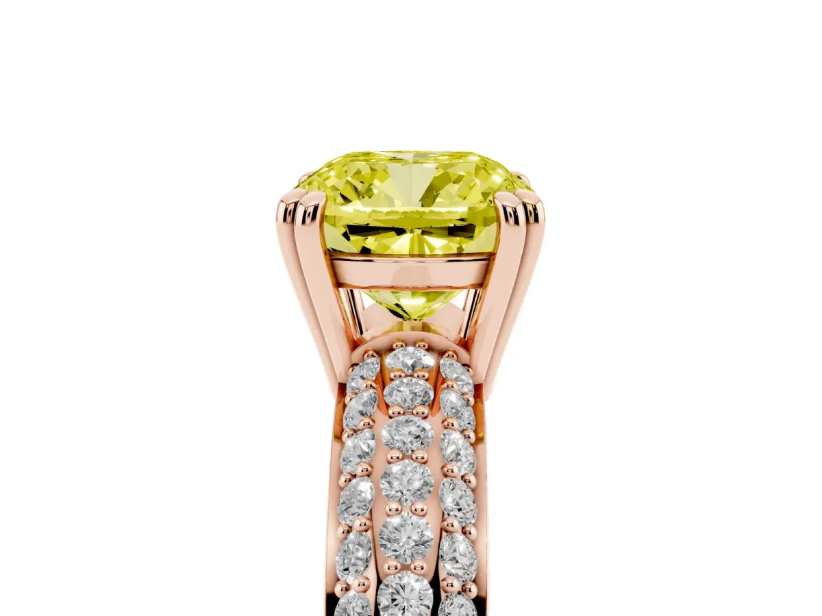 Fancy Yellow Cushion Cut Diamond Solitaire Ring with Multi-Row Round Pavé Band and Prong Setting Rose gold