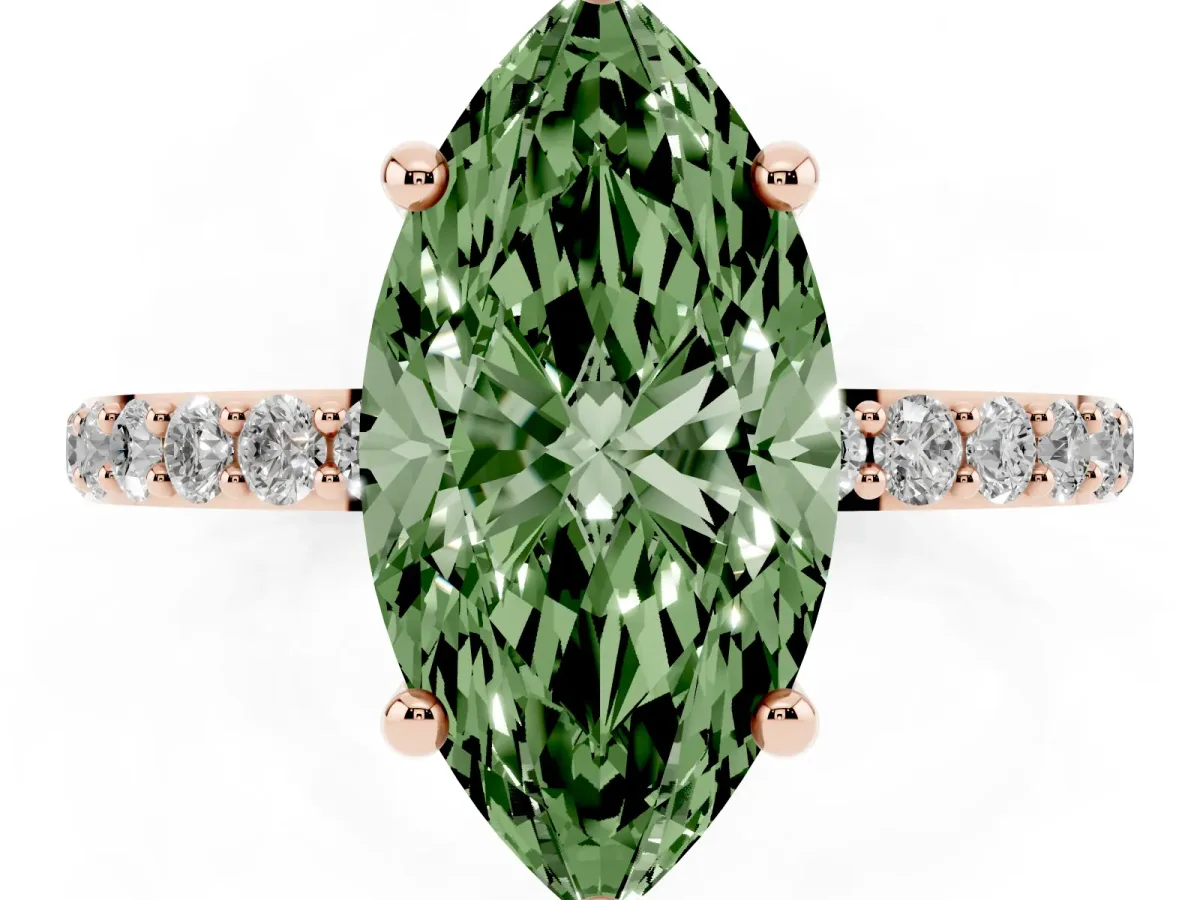Fancy Green Marquise Cut Diamond Solitaire Ring with Round Pavé Band and Prong Setting Rose gold