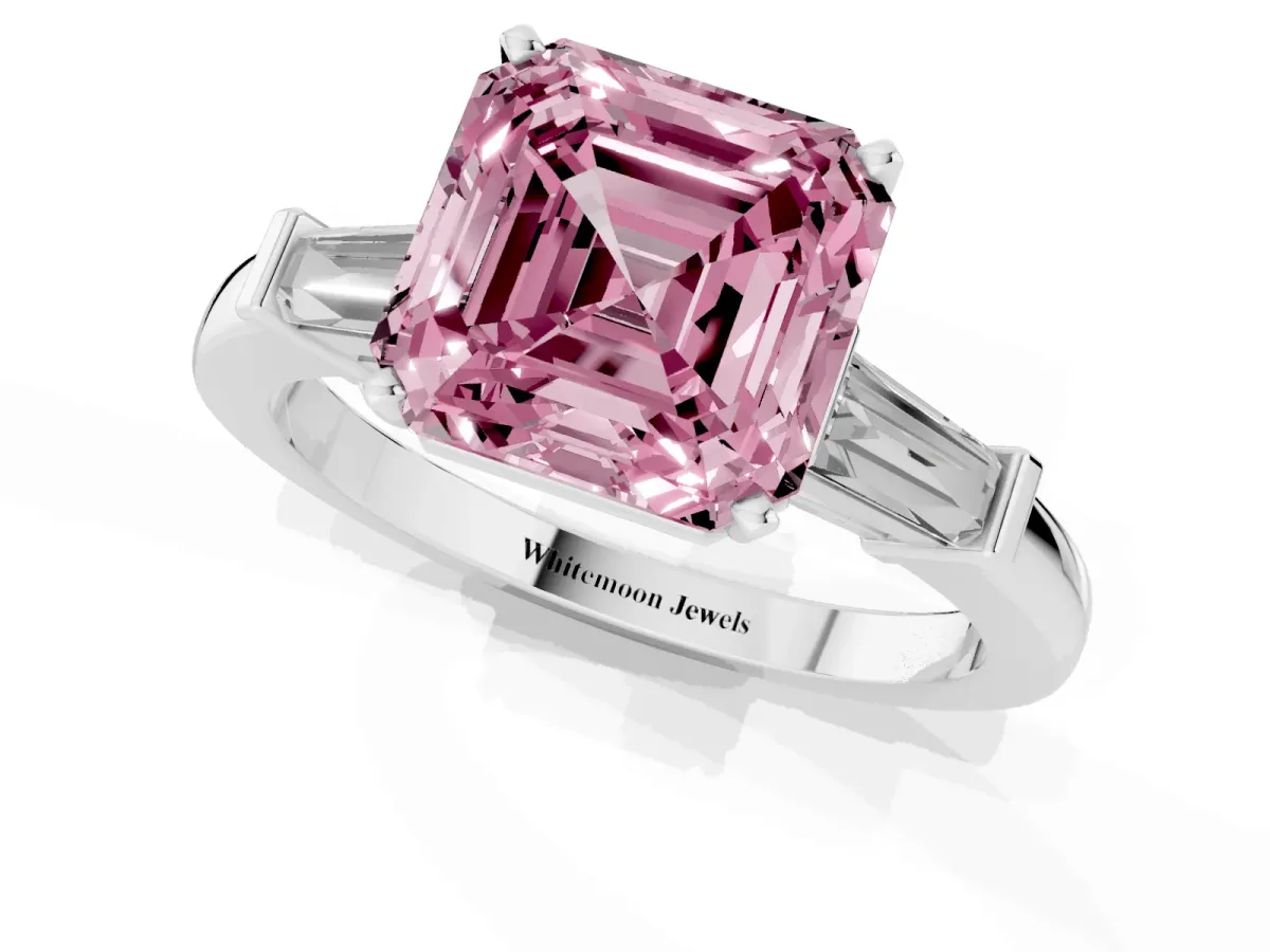 Fancy Pink Asscher Cut Cut Diamond Solitaire Ring with Tapered Baguette Accents and Four-Prong Setting Platinum