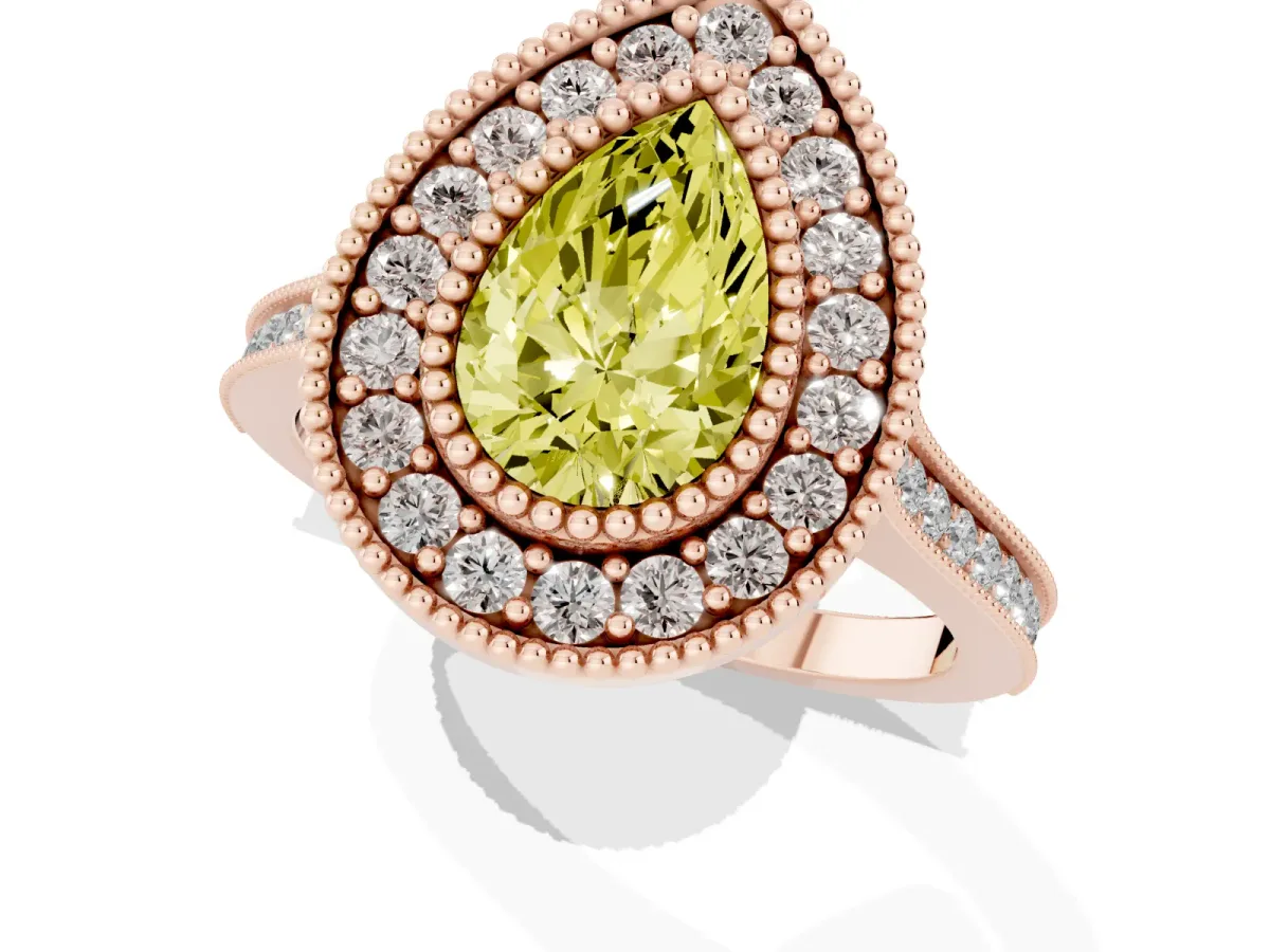 Fancy Yellow Pear Cut Diamond Halo Ring with Milgrain Frame and Pavé Band Rose gold