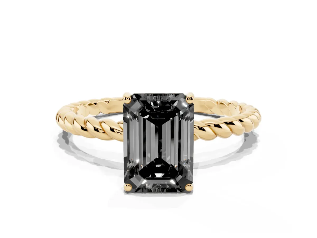 Fancy Black Emerald Cut Solitaire Twisted Band 4-Prong Ring Yellow gold