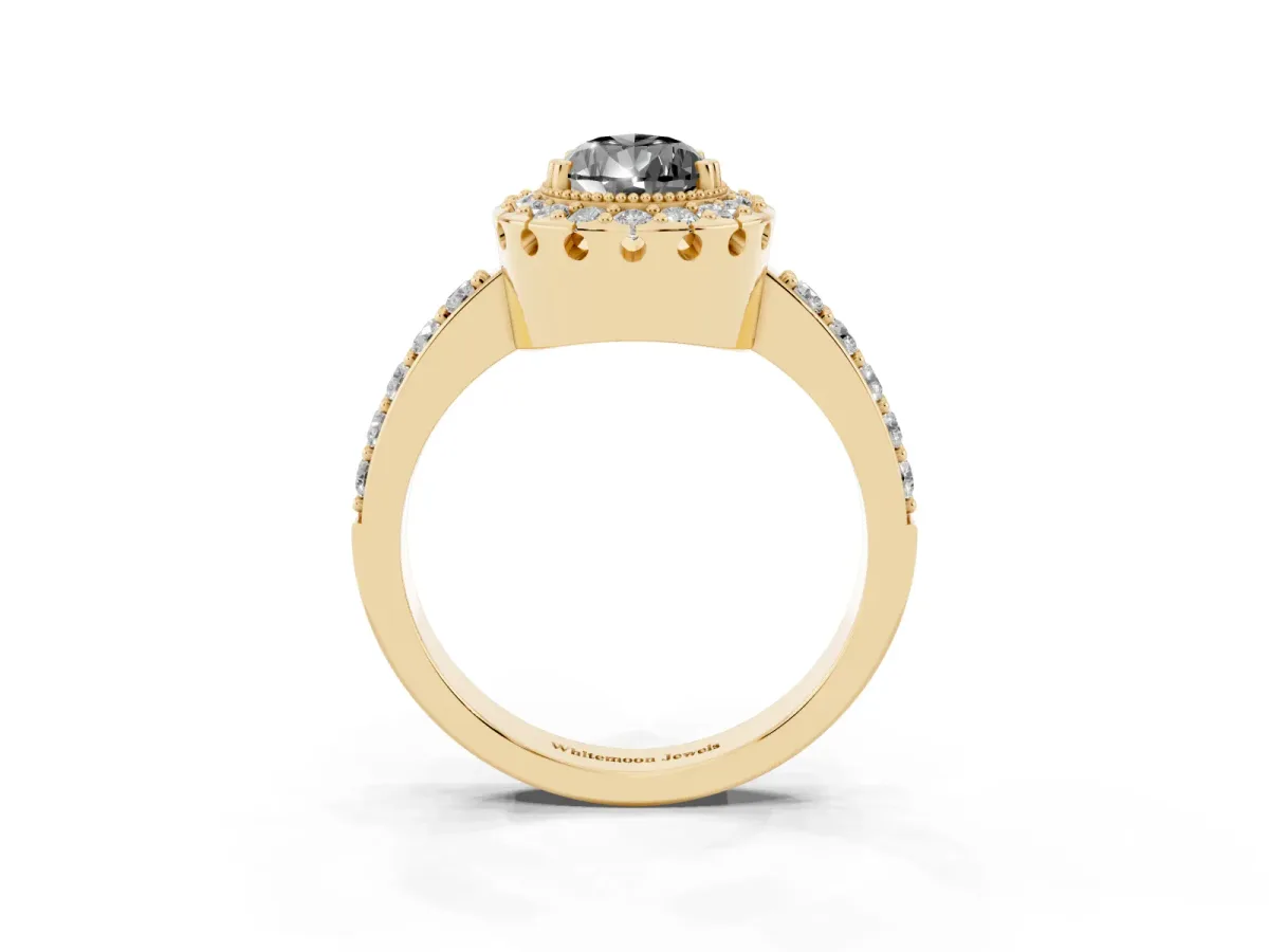 Fancy Black Pear Cut Diamond Halo Ring with Pavé Band and Prong Setting Yellow gold