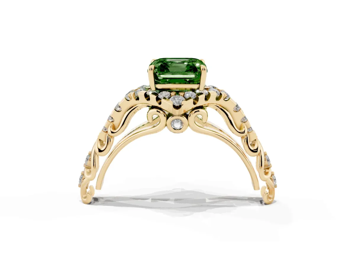 Fancy Green Asscher Cut Diamond Solitaire Ring with Hidden Halo and Pavé Band Yellow gold