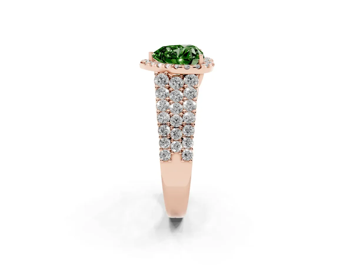 Fancy Green Heart Cut Diamond Halo Engagement Ring with Triple Row Round Pavé Band and Prong Setting Rose gold