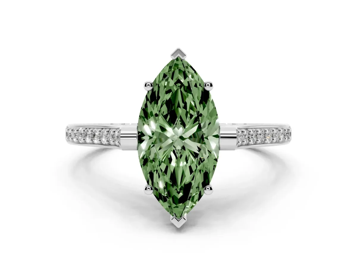 Fancy Green Marquise Cut Solitaire Diamond Ring with Channel Set Band and Bezel Prong Setting White gold