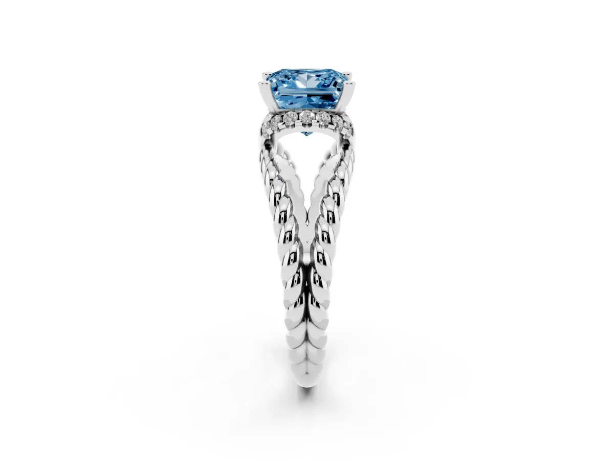 Fancy Blue Princess Cut Halo Twisted Band Four-Prong Ring Silver
