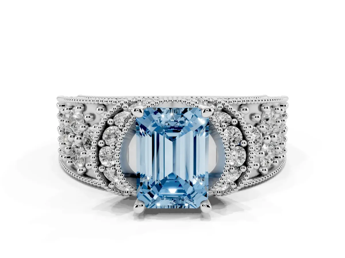 Fancy Blue Emerald Cut Halo Pave Diamond Engagement Ring with Milgrain Detailing White gold
