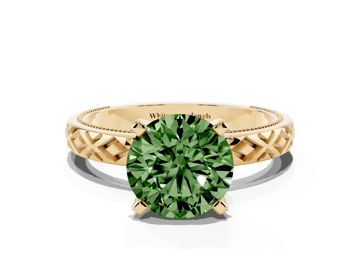 Fancy Green Round Cut Solitaire Diamond Ring with Milgrain and Black Enamel X Pattern Band Yellow gold