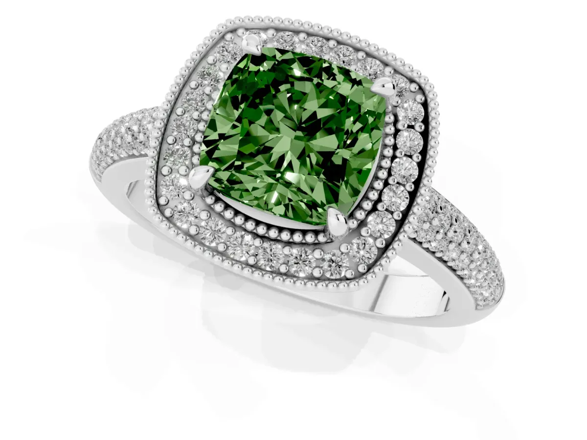Fancy Green Cushion Cut Cut Halo Diamond Pave Band with Four-Prong Setting Silver