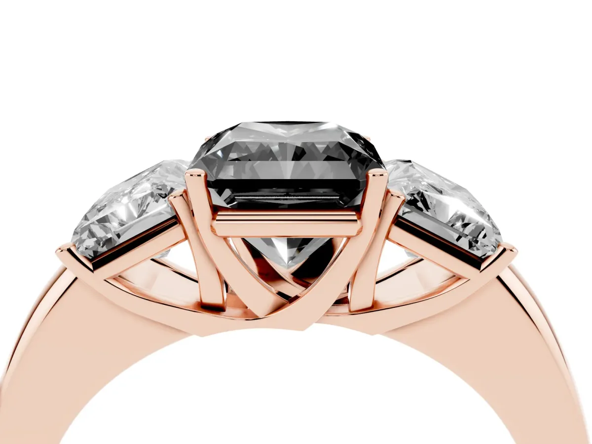 Fancy Black Radiant Cut Diamond Three-Stone Ring with Four-Prong Setting and Classic Band Rose gold