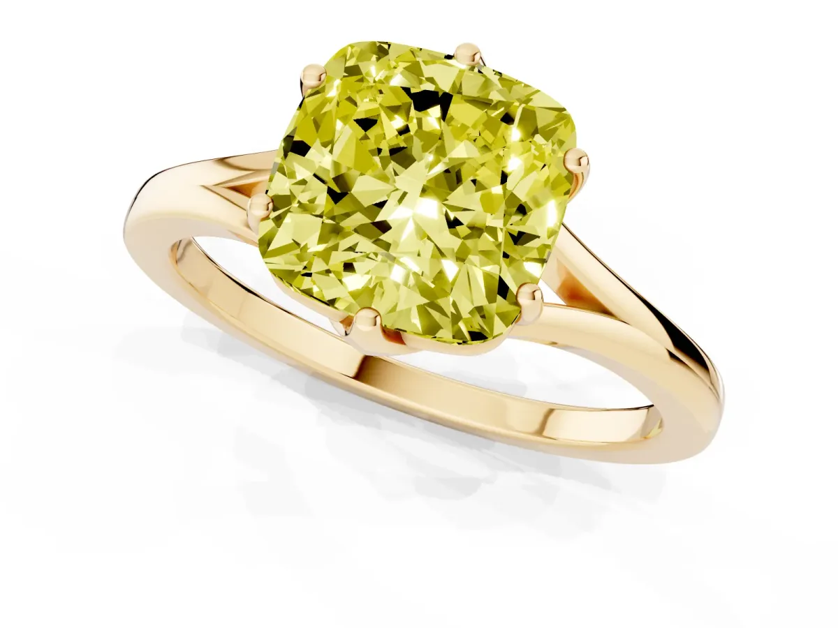 Fancy Yellow Cushion Cut Solitaire Diamond Ring with Six-Prong Setting and Tapered Band Yellow gold