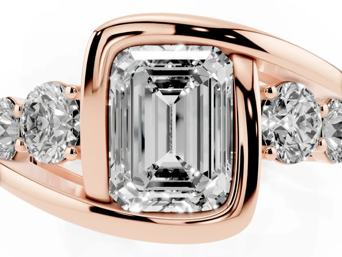 Bezel Set Emerald Cut Diamond Bypass Ring with Round Accents Rose gold
