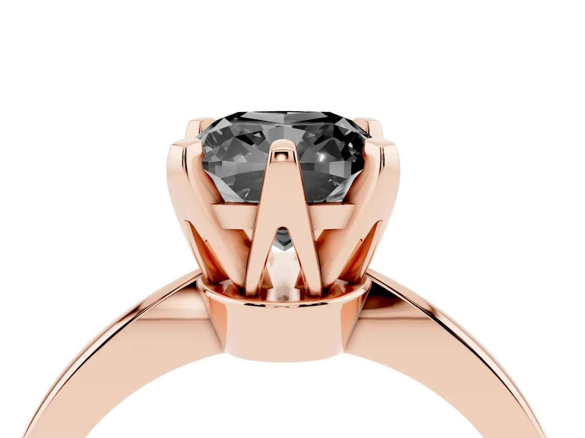 Fancy Black Cushion Cut Solitaire Engagement Ring with Six-Prong Setting and Tapered Band Rose gold