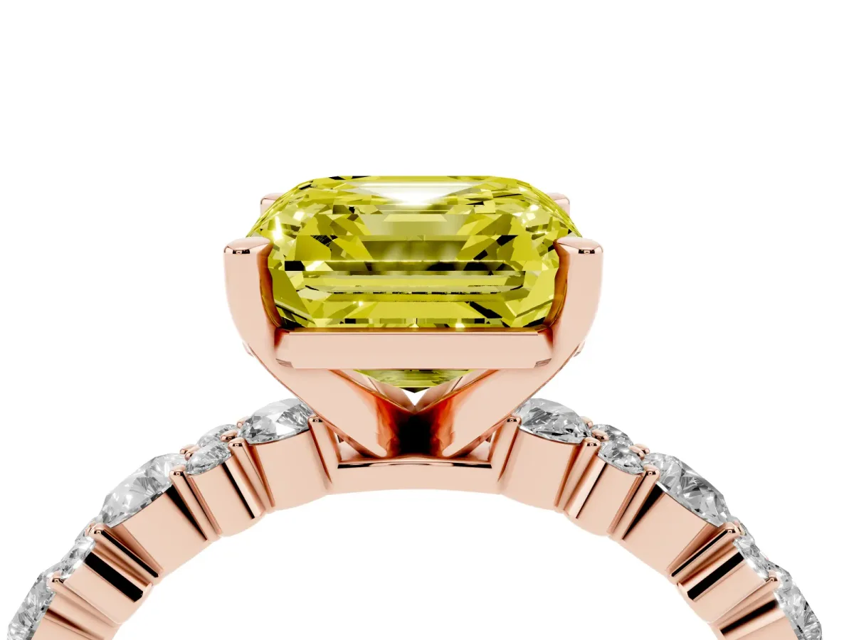 Fancy Yellow Asscher Cut Diamond Side Stone Solitaire Ring with Round and Four-Prong Setting Rose gold