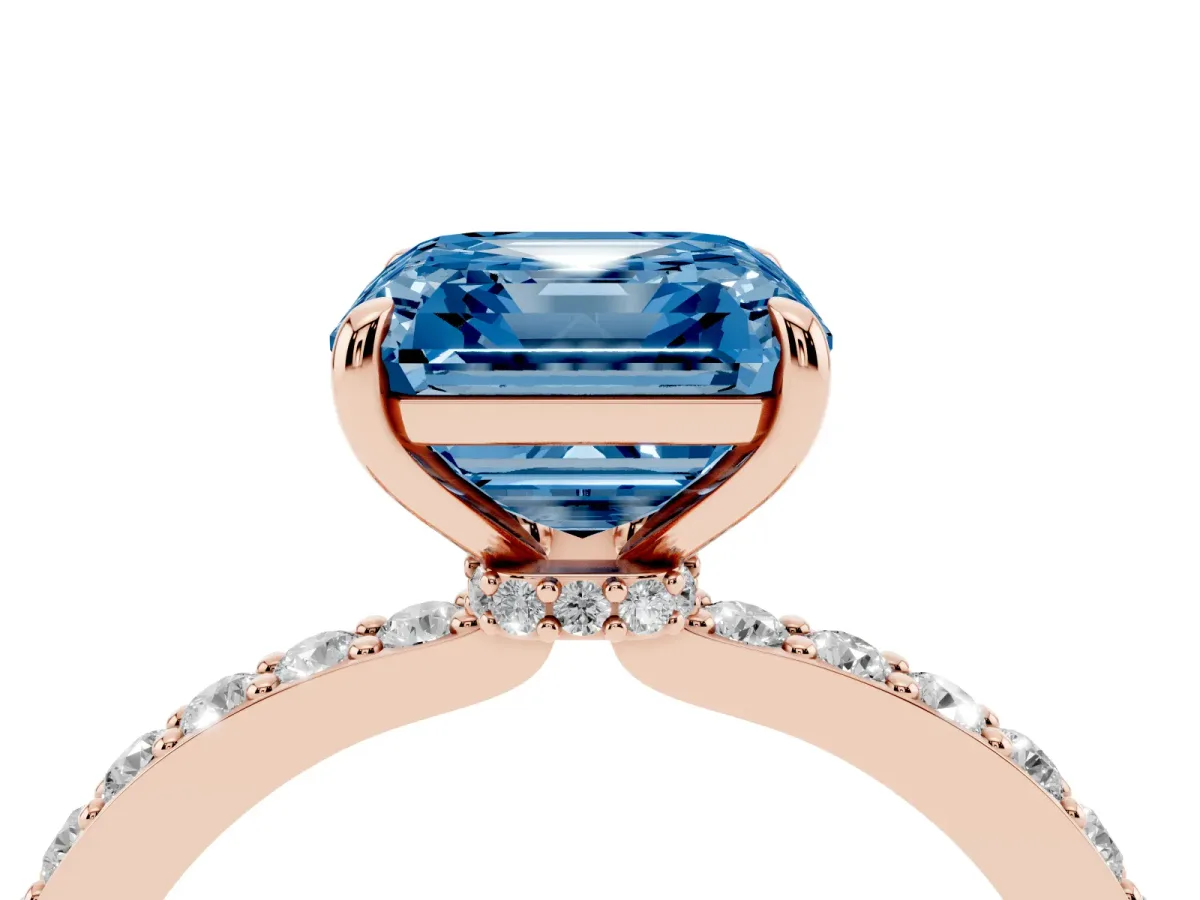 Fancy Blue Asscher Cut Diamond Solitaire Engagement Ring with Pavé Band and Four-Prong Setting Rose gold