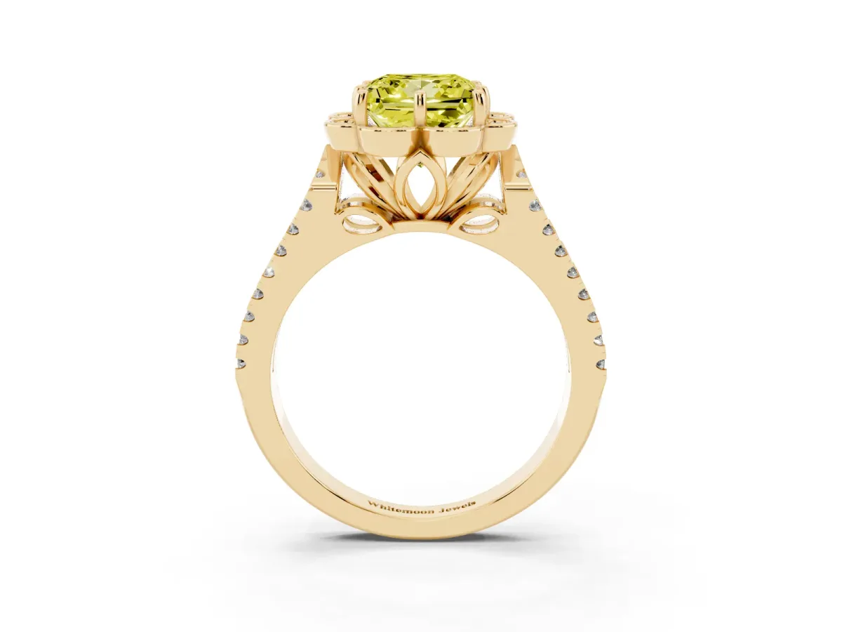 Fancy Yellow Princess Cut Halo Diamond Floral Split Shank Engagement Ring Yellow gold