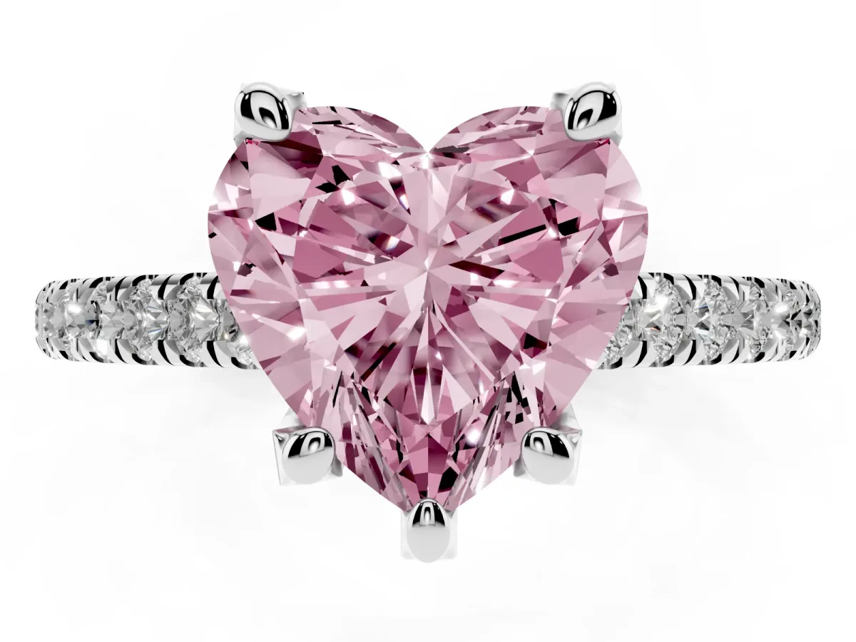 Fancy Pink Heart Cut Brilliant Diamond Solitaire with Pavé Band and Four-Prong Setting Platinum