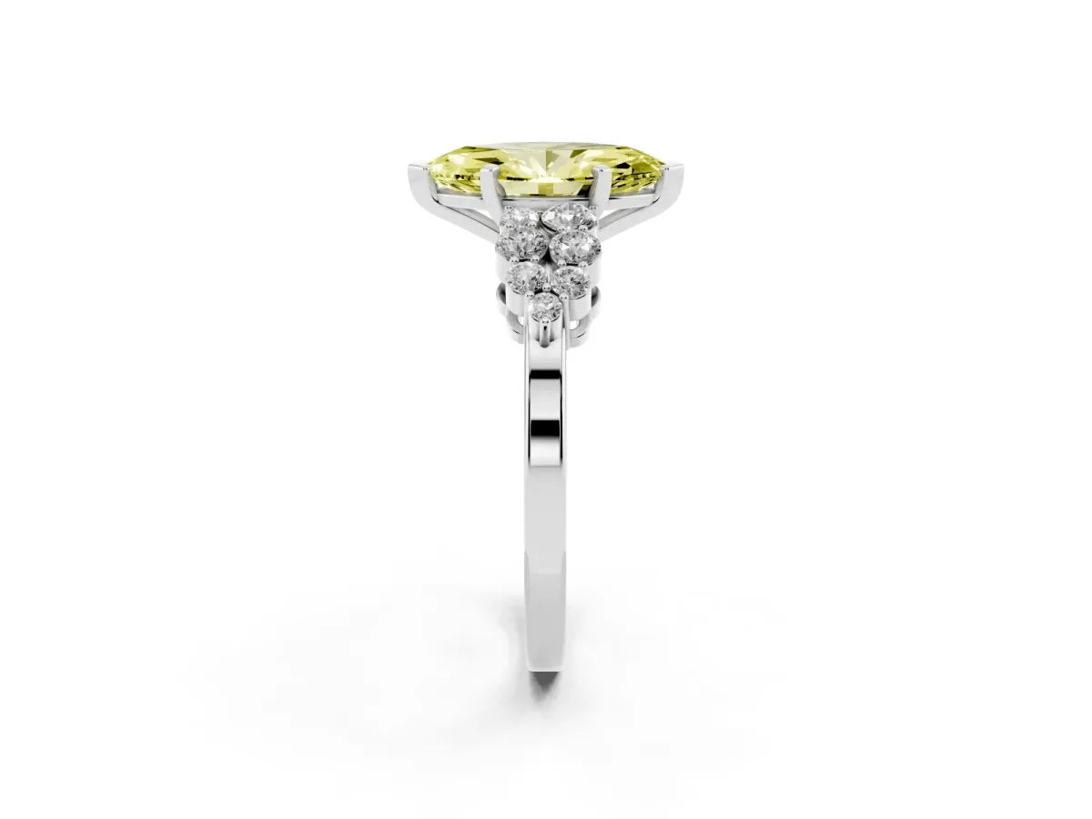 Fancy Yellow Marquise Cut Cluster Diamond Engagement Ring with Pavé Band and Four-Prong Setting Silver