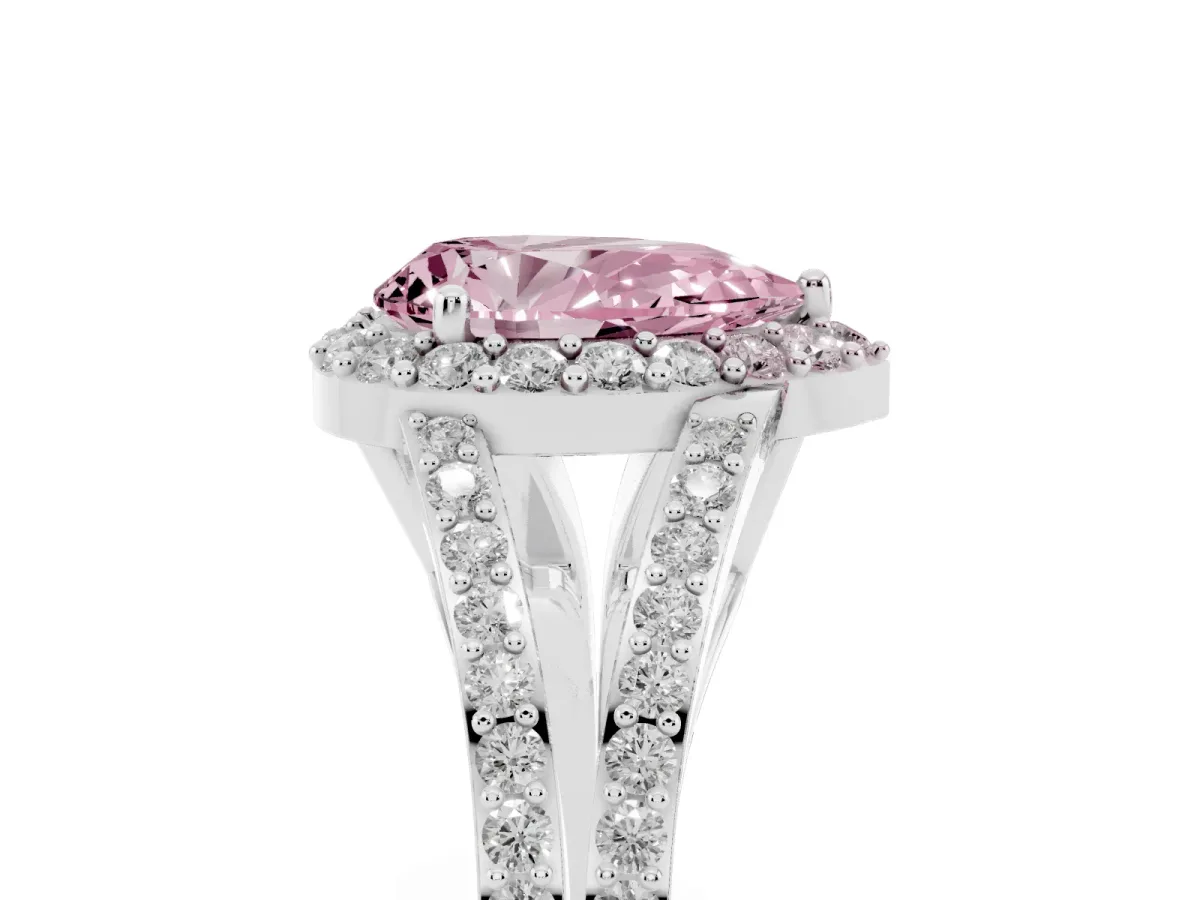 Fancy Pink Pear Cut Halo Split Shank Pave Diamond Ring with Four-Prong Setting Platinum