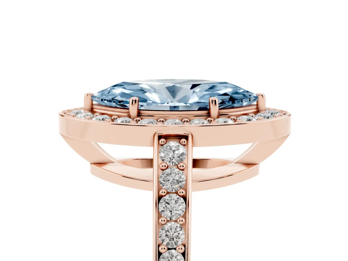Fancy Blue Marquise Cut Halo Pavé Diamond Engagement Ring with Bezel Setting Rose gold