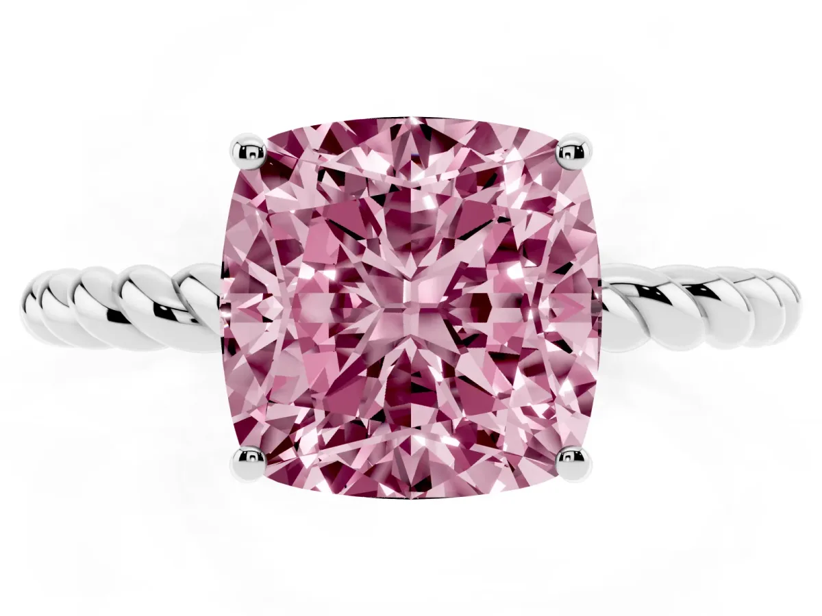 Fancy Pink Cushion Cut Solitaire Twisted Band 4-Prong Ring Platinum