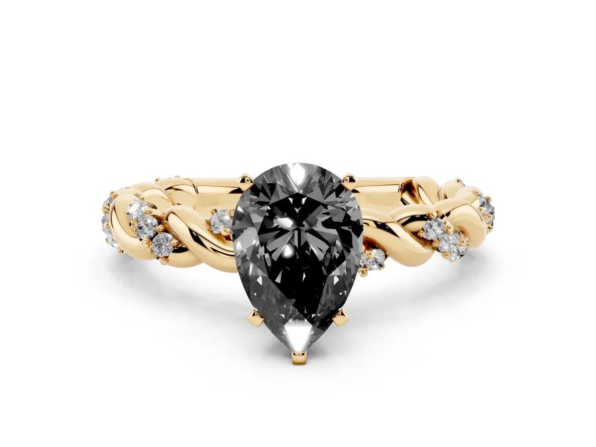 Fancy Black Pear Cut Diamond Solitaire Ring with Twisted Band and Pavé Accents Yellow gold