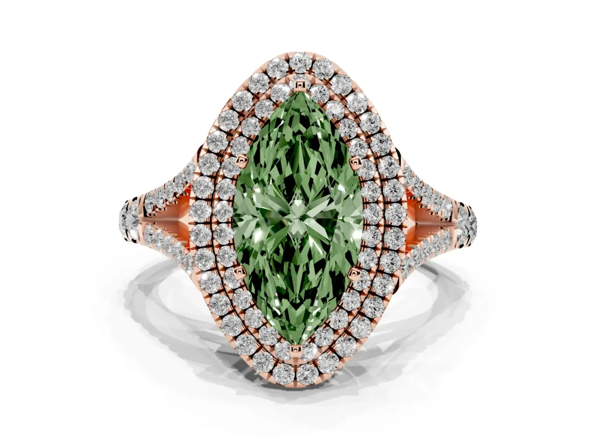 Fancy Green Double Halo Marquise Cut Diamond Split Shank Engagement Ring with Four-Prong Setting Rose gold