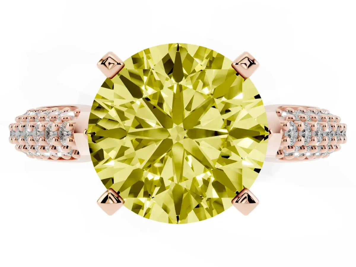 Fancy Yellow Round Cut Diamond Solitaire Engagement Ring with Multi-Row Round Pavé Band and Prong Setting Rose gold
