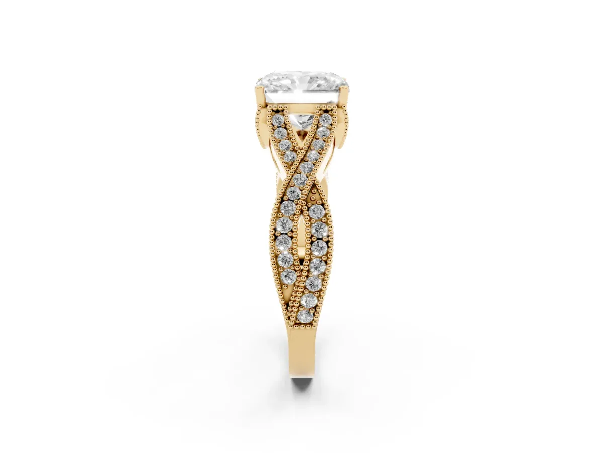 Radiant Cut Cut Diamond Twisted Band with Milgrain Pave Setting and Four-Prong Setting Yellow gold