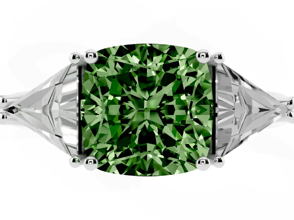 Fancy Green Three-Stone Cushion Cut Diamond Engagement Ring with Trillion Side Stones and Prong Setting Silver