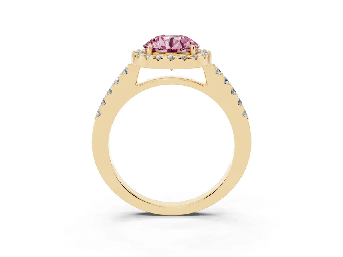 Fancy Pink Round Cut Halo Diamond Pavé Solitaire Ring Yellow gold