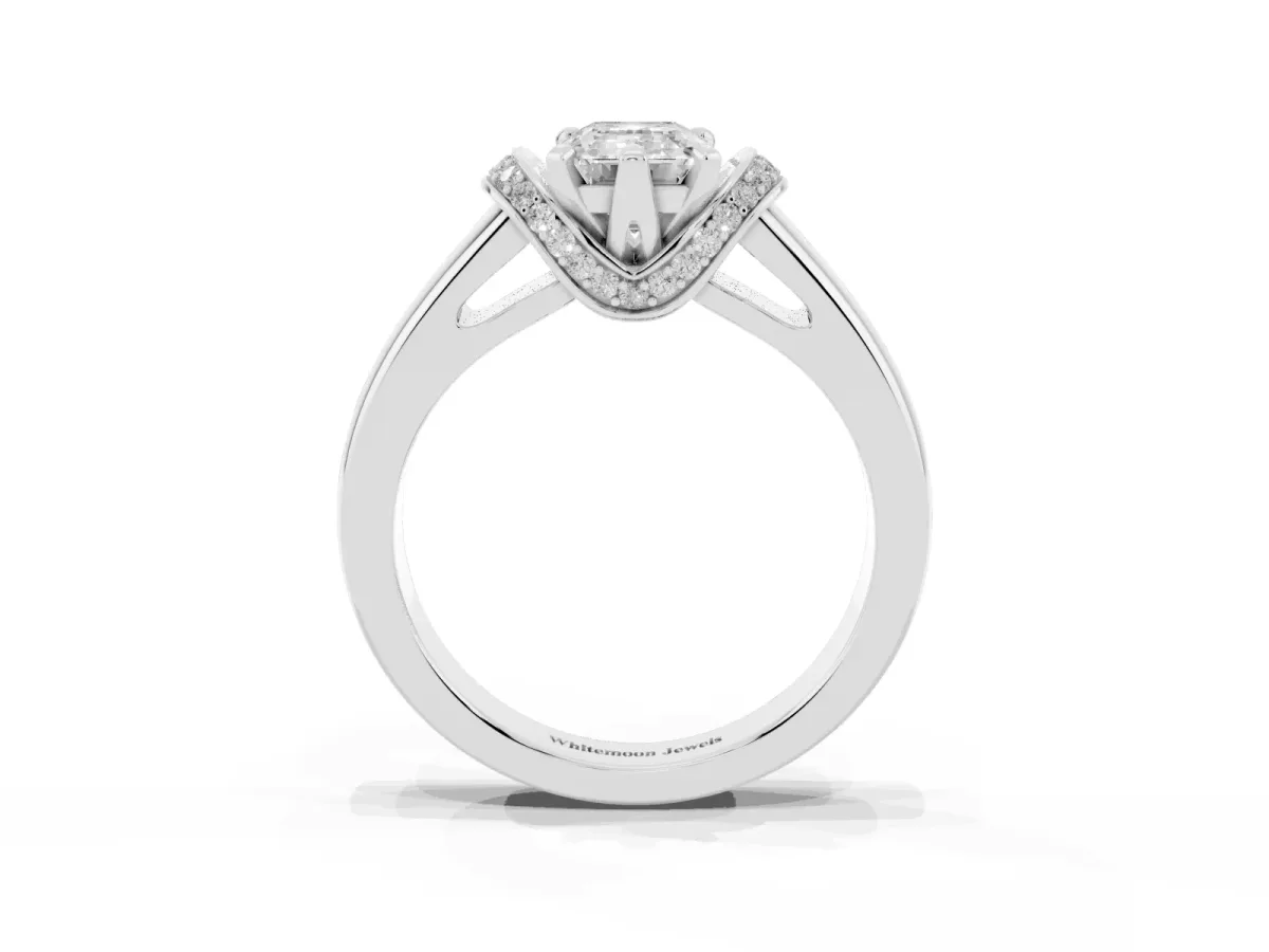 Emerald Cut Solitaire Diamond Ring with Pave Band and Six-Prong Setting Platinum