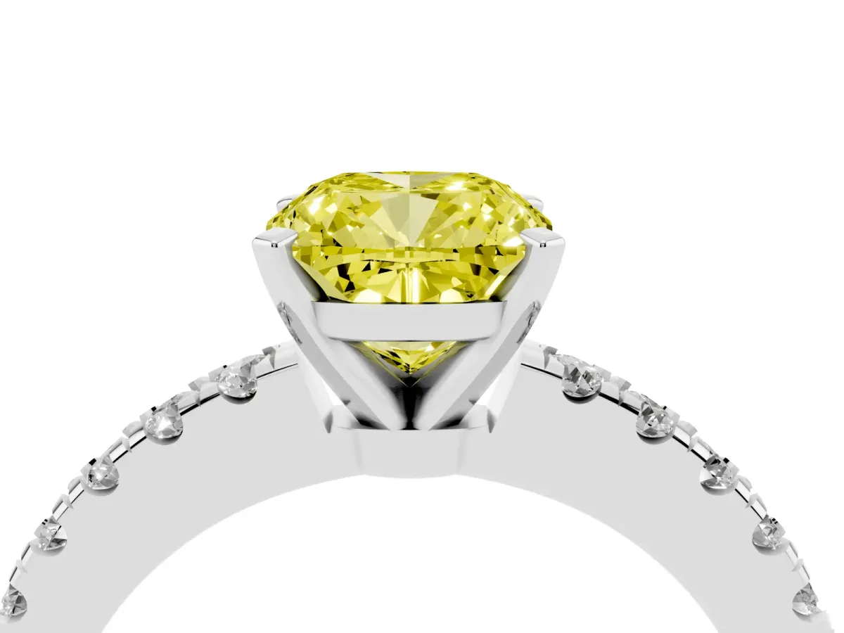 Fancy Yellow Cushion Cut Solitaire Diamond with Pavé Band and Four-Prong Setting White gold