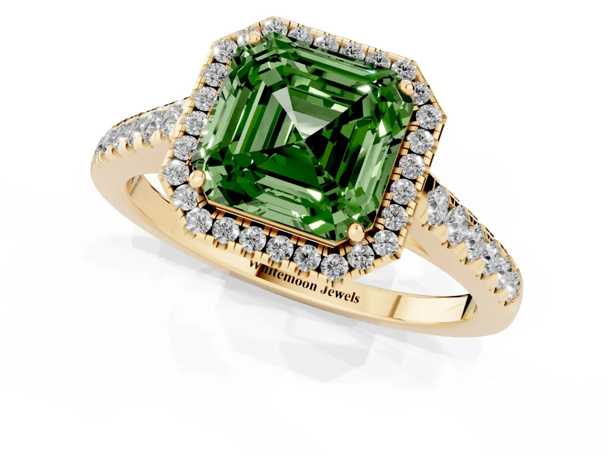 Fancy Green Asscher Cut Halo Pave Diamond Engagement Ring with Four-Prong Setting Yellow gold