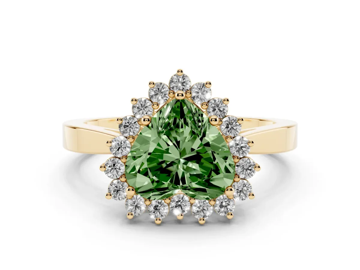 Fancy Green Heart Cut Cut Diamond Halo Ring with Round Brilliant Halo and Solitaire Band Yellow gold