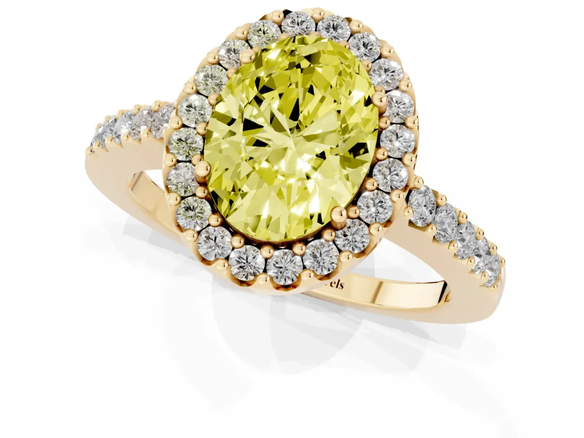 Fancy Yellow Oval Cut Halo Diamond Pavé Solitaire Ring Yellow gold