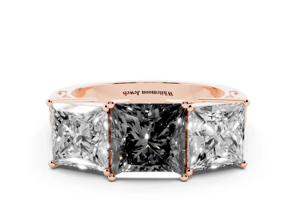 Fancy Black Princess Cut Diamond Three-Stone Ring with Prong Setting and Textured Band Rose gold