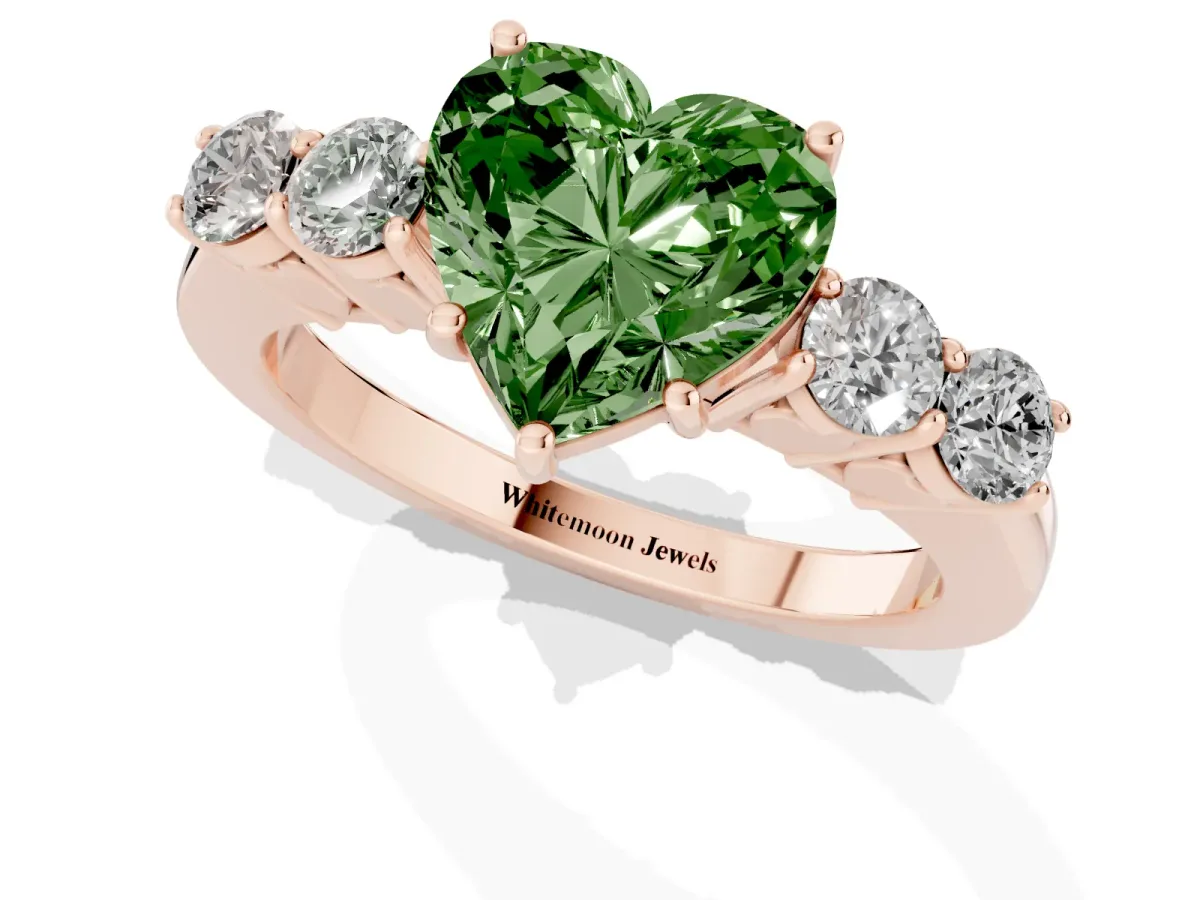 Fancy Green Heart Cut Cut Diamond Five-Stone Prong Set White Gold Ring Rose gold