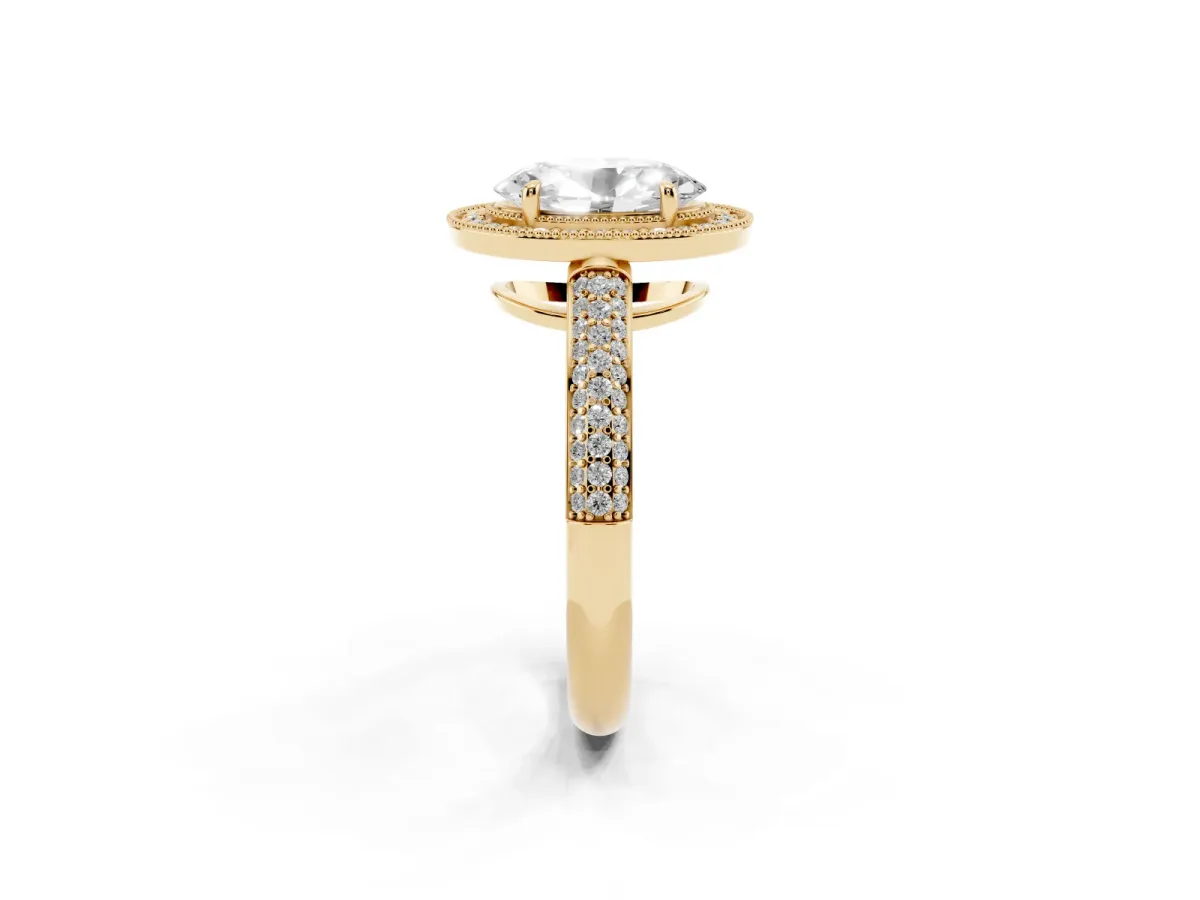 Oval Cut Cut Halo Diamond Pave Band with Four-Prong Setting Yellow gold